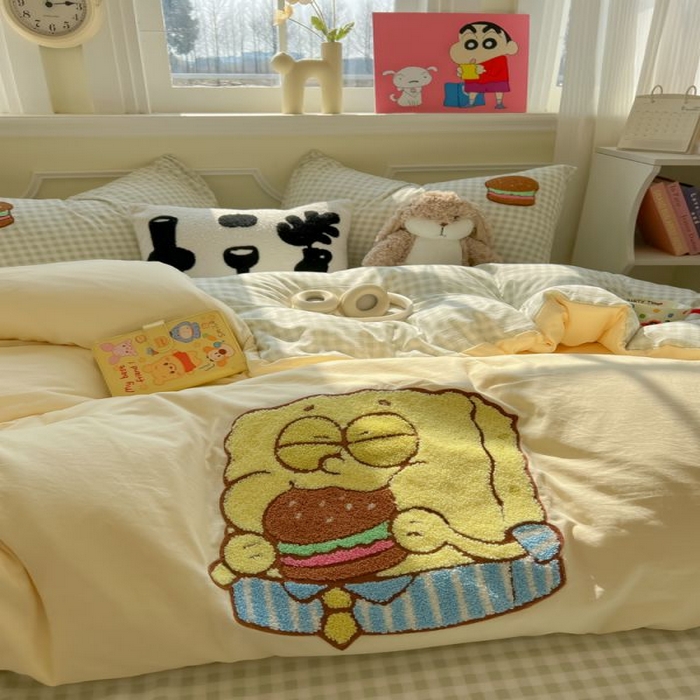 91家纺网 家纺一手货源 找家纺 （总）子钦家纺 2025春夏新款云朵棉拼接毛巾绣卡通床单床笠四件套