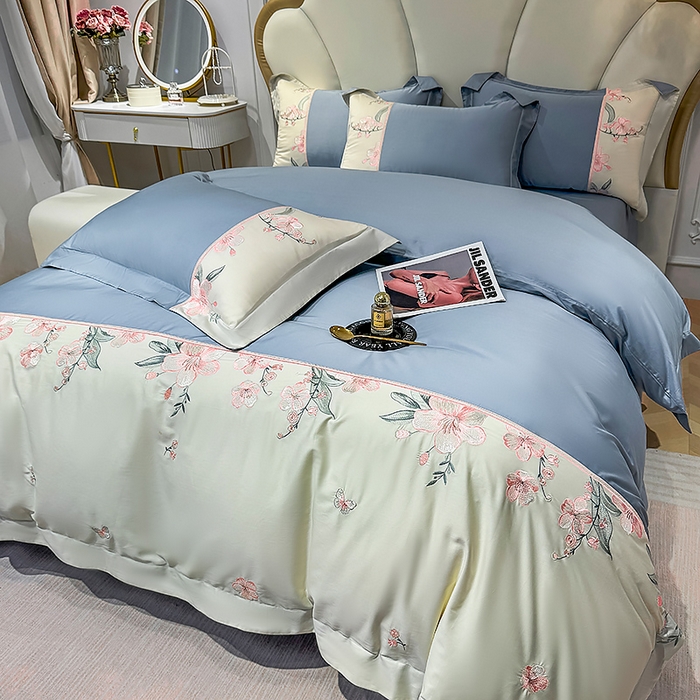 91家纺网 家纺一手货源 找家纺 宅家居 2025轻奢法式小香风双面纯棉刺绣拼接款长绒棉四件套-樱花恋 繁星蓝