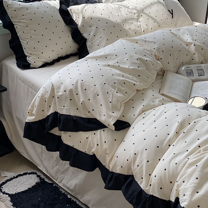 91家纺网 家纺一手货源 找家纺 老K (原美阁） 2025新款水洗棉赫本风波点四件套学生宿舍三件套床单款床笠款 波点米