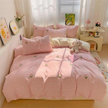 灰鲸2025新款ins韩系田园风郁金香毛巾绣四件套 郁金香-粉格+奶油黄