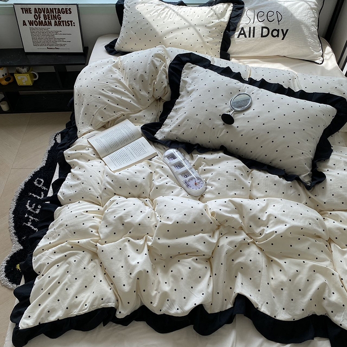 91家纺网 家纺一手货源 找家纺 老K (原美阁） 2025新款水洗棉赫本风波点四件套学生宿舍三件套床单款床笠款 波点米