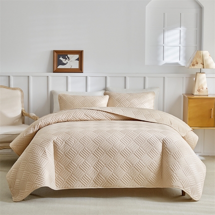 2025新款田字格床盖三件套 国外薄被 田字格-米色