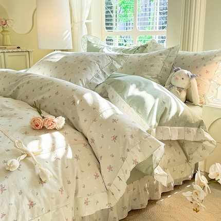 91家纺网 家纺一手货源 找家纺 艾唯希家纺 2025新款韩式全棉蝴蝶结工艺四件套纯棉公主风花边系列 顽宠-绿