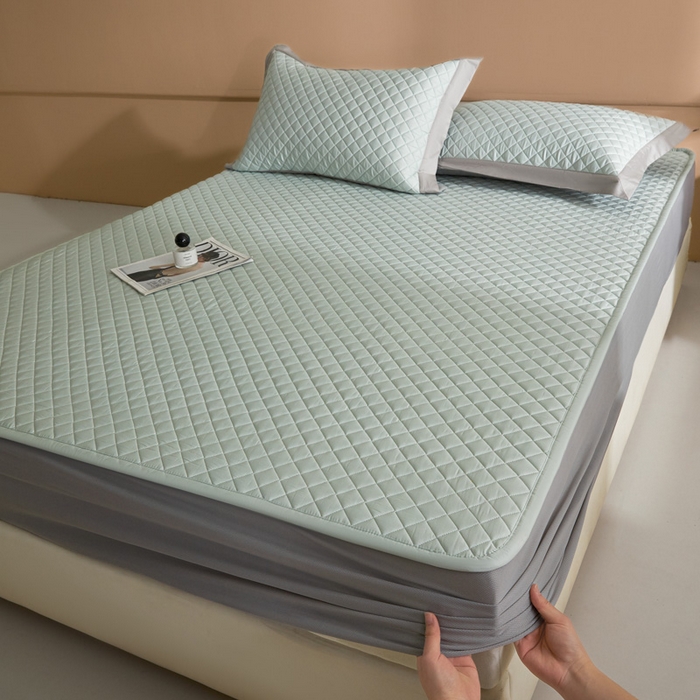 91家纺网 家纺一手货源 找家纺 由有2025新款60S长绒棉绗缝大豆夹棉床垫床褥床笠 床笠-海盐绿