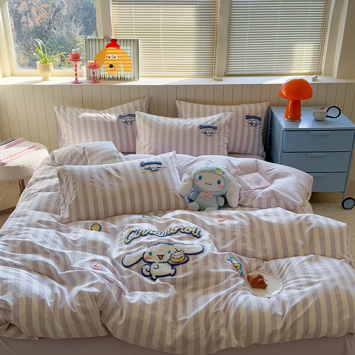 91家纺网 家纺一手货源 找家纺 金爱家 2025新款全棉毛巾绣四件套 毛巾绣-条纹玉桂狗