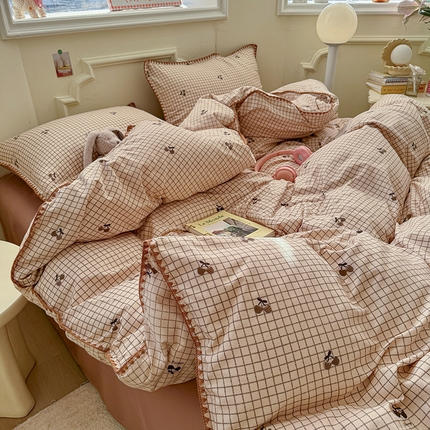 91家纺网 家纺一手货源 找家纺 韩都家居2025新款水洗双层纱针织棉三角针四件套（包含买家秀） 巧克力