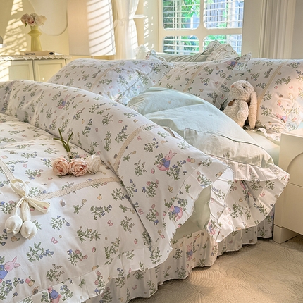 91家纺网 家纺一手货源 找家纺 艾唯希家纺 2025新款韩式全棉蝴蝶结工艺四件套纯棉公主风花边系列 花语兔