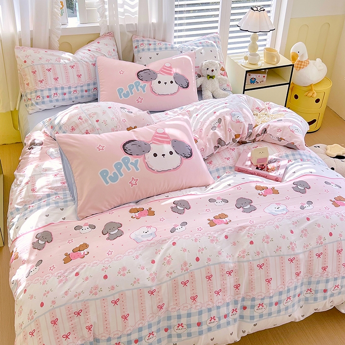 91家纺网 家纺一手货源 找家纺 大麦乐田2025新款超柔大版印花四件套 俏皮小奶狗