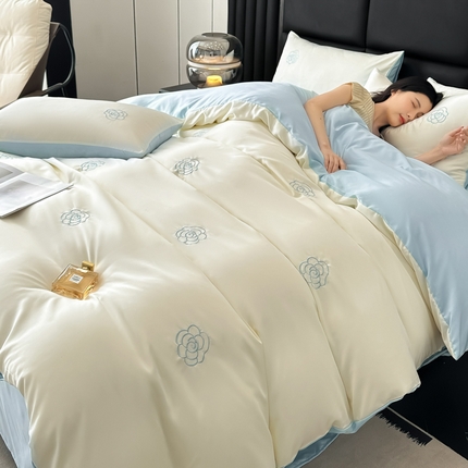 宇航家纺  2025新款绣花水洗真丝天丝四件套 山茶—天蓝
