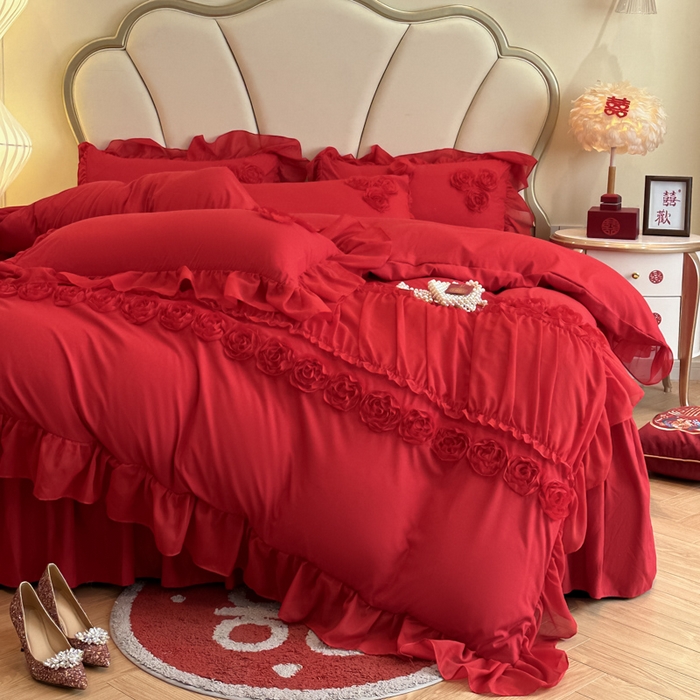 91家纺网 家纺一手货源 找家纺 富盛家纺2025新款婚庆亲肤棉磨毛刺绣四件套 喜庆—甜蜜蜜