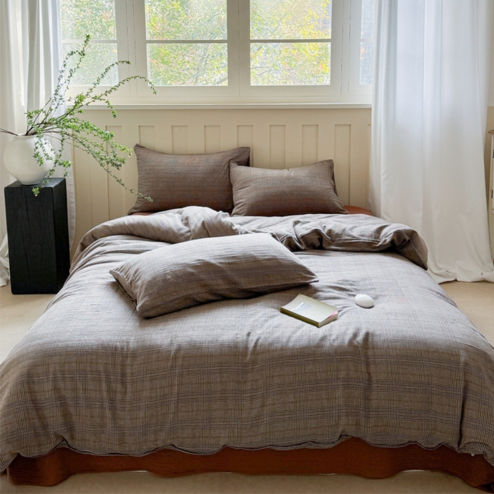 91家纺网 家纺一手货源 找家纺 萝莉家纺 2025新款复古全棉A类色织双层纱皱皱纱格子四件套 浮生咖韵