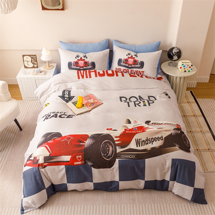 91家纺网 家纺一手货源 找家纺 馨语家居 2025新款全棉双层纱四件套 赛车世界