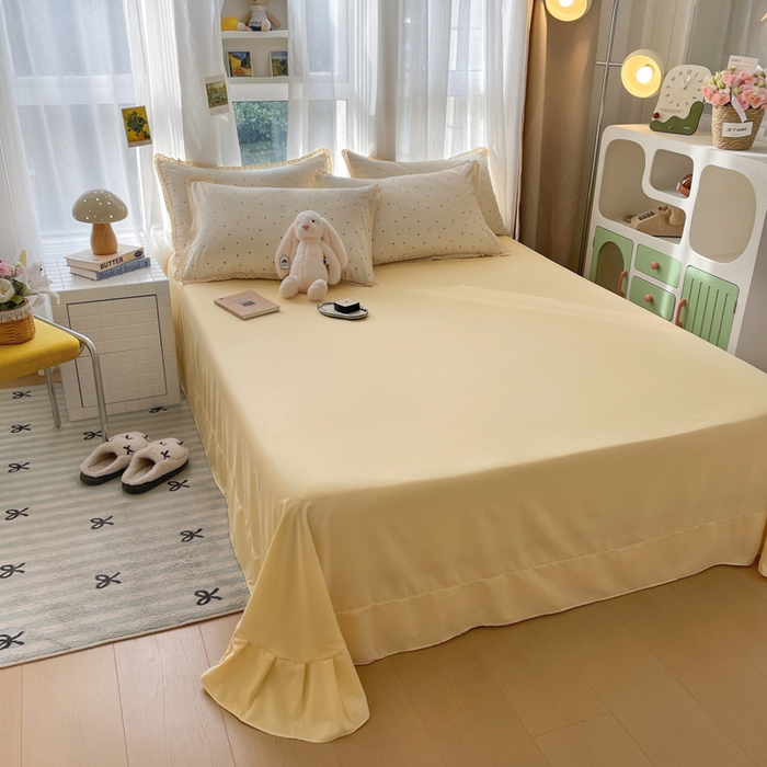 91家纺网 家纺一手货源 找家纺 仟网汇 2025新款韩版镂空花边针织双层纱四件套 彩波点