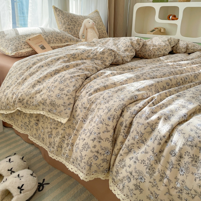 91家纺网 家纺一手货源 找家纺 仟网汇 2025新款韩版镂空花边针织双层纱四件套 茶野