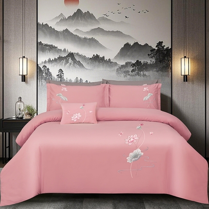 浩情国际婚庆供货中心 2026新款100支全棉高端刺绣中式风四件套--好运连连系列 好运连连-浅咖