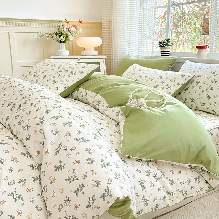 91家纺网 家纺一手货源 找家纺 元元被芯 2025新款40支13372全棉印花全棉夹棉床笠四件套 绿意