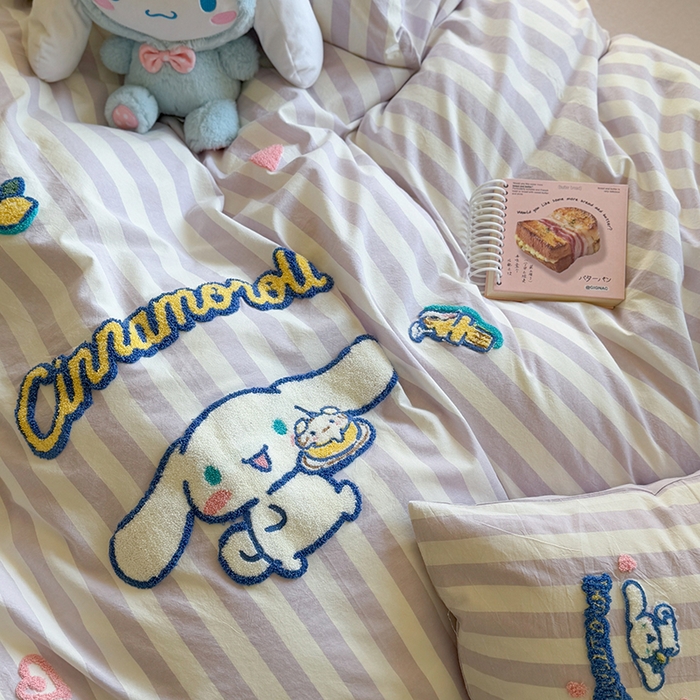 91家纺网 家纺一手货源 找家纺 金爱家 2025新款全棉毛巾绣四件套 毛巾绣-条纹玉桂狗