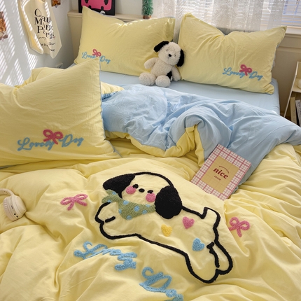 91家纺网 家纺一手货源 找家纺 （总）花伞家居 2025新款精灵水洗棉毛巾绣四件套含买家秀