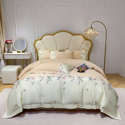 宅家居 2025轻奢法式小香风双面纯棉刺绣拼接款长绒棉四件套-樱花恋 香槟金