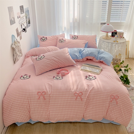 灰鲸2025新款ins韩系萌趣次元风猫咪蝴蝶结毛巾绣四件套 猫咪蝴蝶结（粉格+天空蓝）