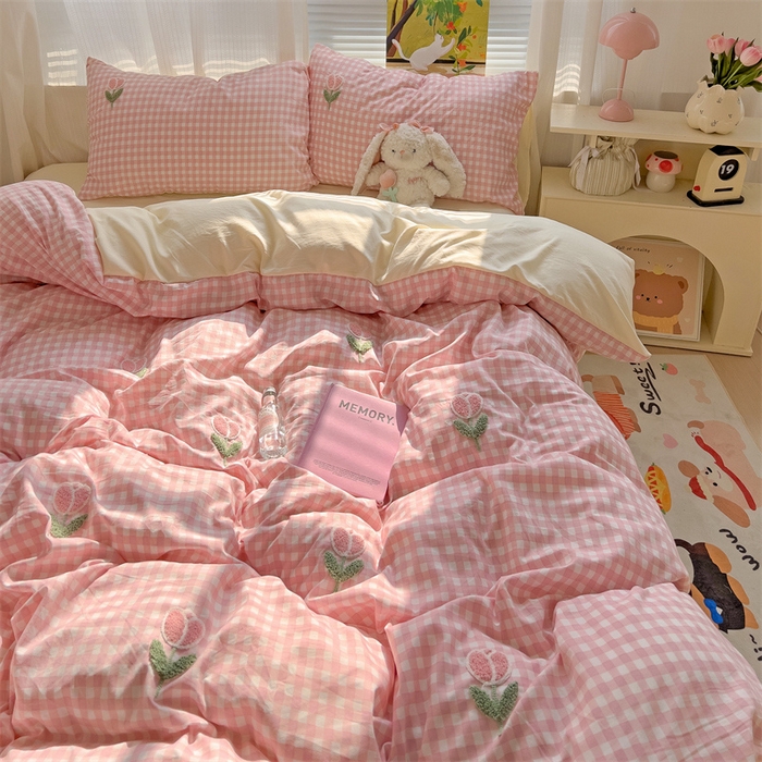 91家纺网 家纺一手货源 找家纺 （总）灰鲸2025新款ins韩系田园风郁金香毛巾绣四件套