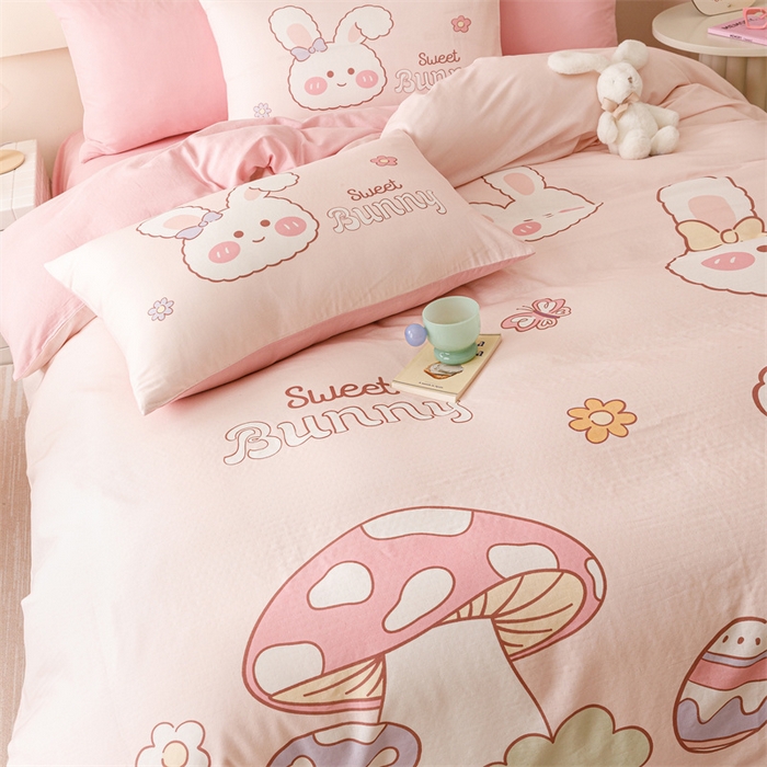 91家纺网 家纺一手货源 找家纺 馨语家居 2025新款全棉双层纱四件套 彩虹蘑菇