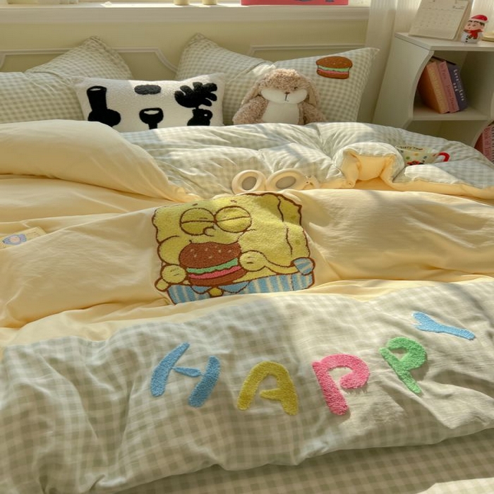 91家纺网 家纺一手货源 找家纺 （总）子钦家纺 2025春夏新款云朵棉拼接毛巾绣卡通床单床笠四件套