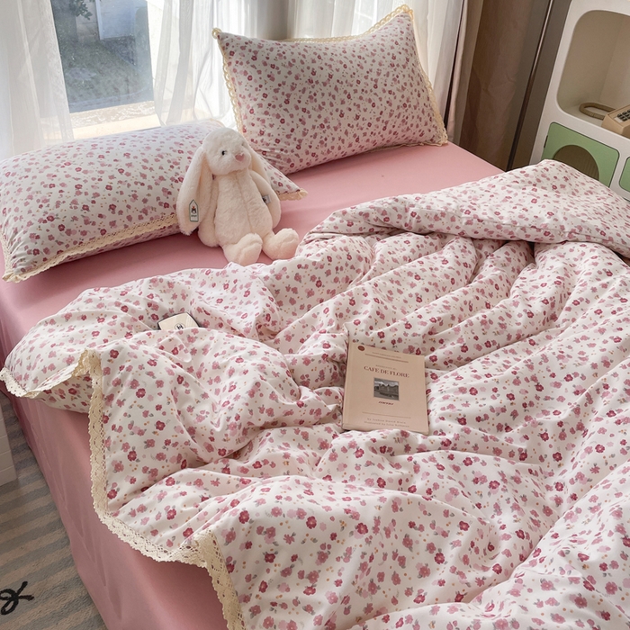 91家纺网 家纺一手货源 找家纺 仟网汇 2025新款韩版镂空花边针织双层纱四件套 半亩花田