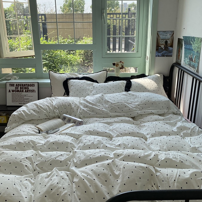 91家纺网 家纺一手货源 找家纺 （总）老K (原美阁） 2025新款水洗棉赫本风波点四件套学生宿舍三件套床单款床笠款