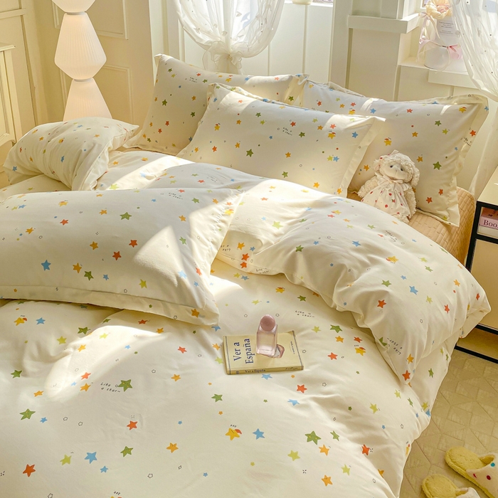 91家纺网 家纺一手货源 找家纺 梦莱斯 2025直播爆款公主风A类针织棉床盖四件套AA版被套 繁星点点