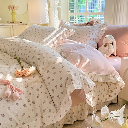 91家纺网 家纺一手货源 找家纺 艾唯希家纺 2025新款韩式全棉蝴蝶结工艺四件套纯棉公主风花边系列 素谷-米