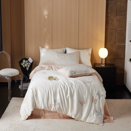 91家纺网 家纺一手货源 找家纺 简纯主义 2025新款 庄周梦蝶天丝四件套  梦蝶粉