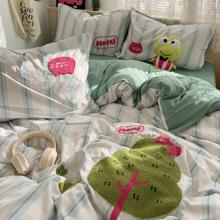 花伞家居 2025新款精灵水洗棉毛巾绣四件套含买家秀 发财树-蓝绿条