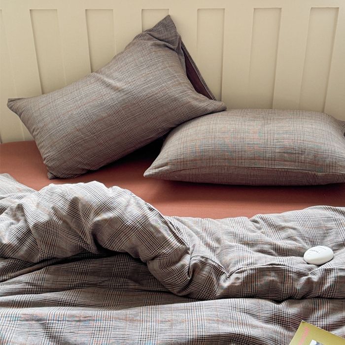 91家纺网 家纺一手货源 找家纺 萝莉家纺 2025新款复古全棉A类色织双层纱皱皱纱格子四件套 浮生咖韵