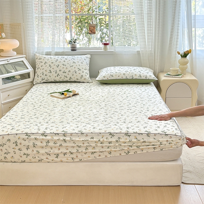 91家纺网 家纺一手货源 找家纺 元元被芯 2025新款40支13372全棉印花全棉隐藏式夹棉床笠 绿意