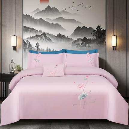 浩情国际婚庆供货中心 2026新款100支全棉高端刺绣中式风四件套--好运连连系列 好运连连-藕粉