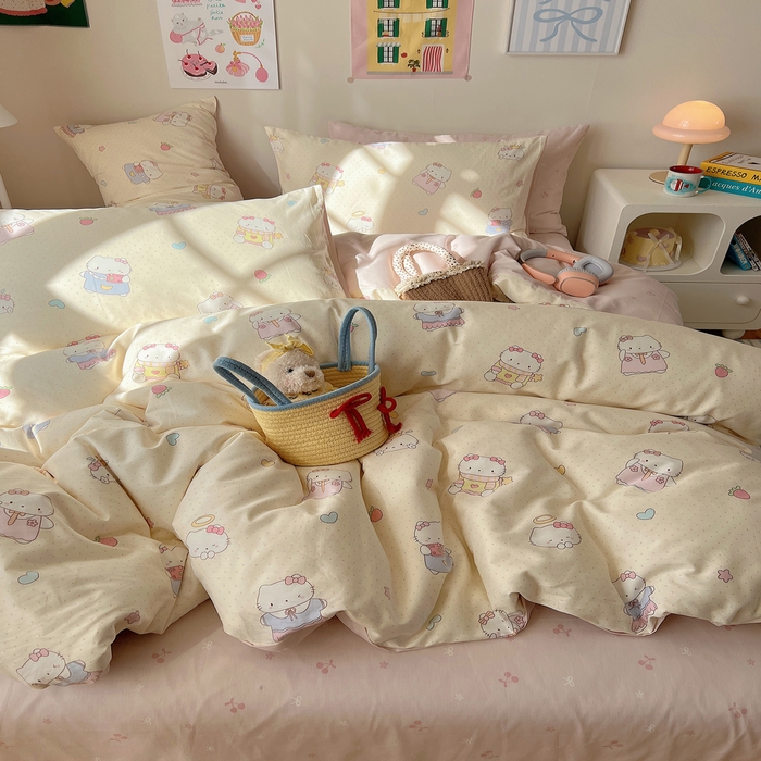 91家纺网 家纺一手货源 找家纺 六巷胡同 2025新款 INS减龄可爱风卡通全棉四件套第五系（森林音乐会系列） 波点嘟嘟猫