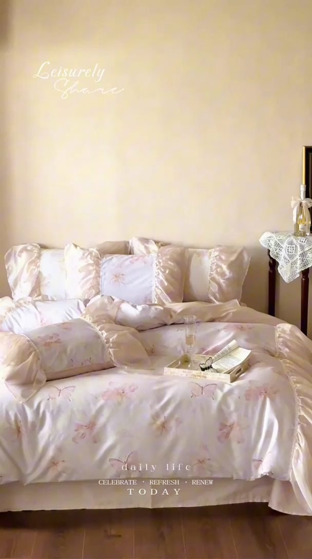 91家纺网 家纺一手货源 找家纺 佳汐蓝家纺 2025新款100支澳棉四件套-蝶恋花 淡粉色