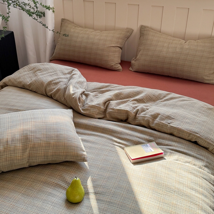 91家纺网 家纺一手货源 找家纺 萝莉家纺 2025新款复古全棉A类色织双层纱皱皱纱格子四件套 浮生湖蓝