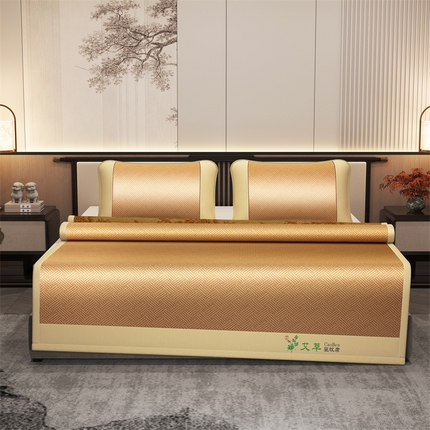 91家纺网 家纺一手货源 找家纺 （总）席佬大  2025新款艾草单双面古藤宽边绣花冰丝席-套件