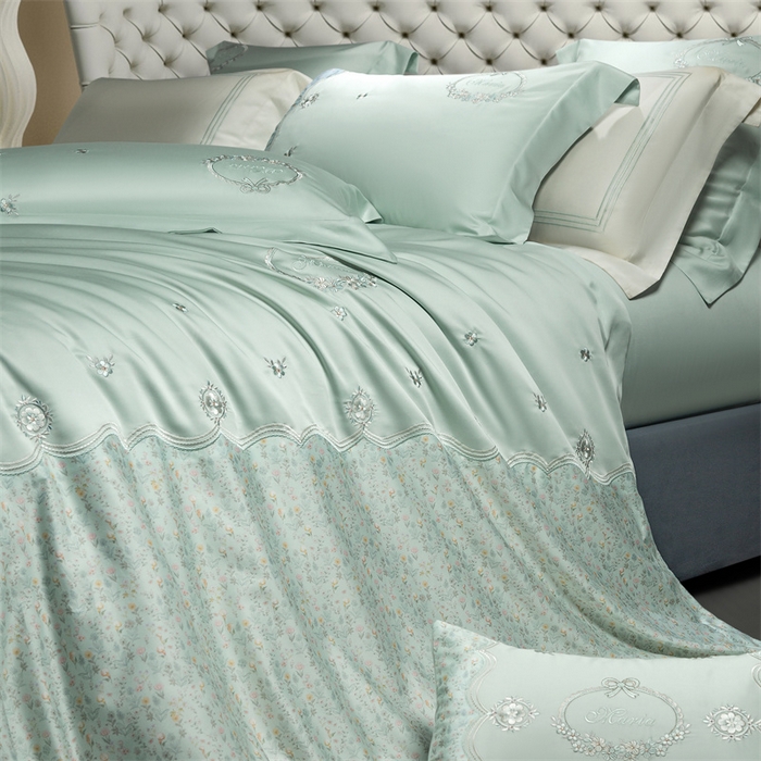 91家纺网 家纺一手货源 找家纺 高大尚婚庆馆 2025新款艾能棉高端绣花四件套-巴黎甜心 巴黎甜心-清新绿