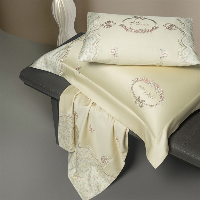 91家纺网 家纺一手货源 找家纺 高大尚婚庆馆 2025新款艾能棉高端绣花四件套-巴黎甜心 巴黎甜心-奶昔黄