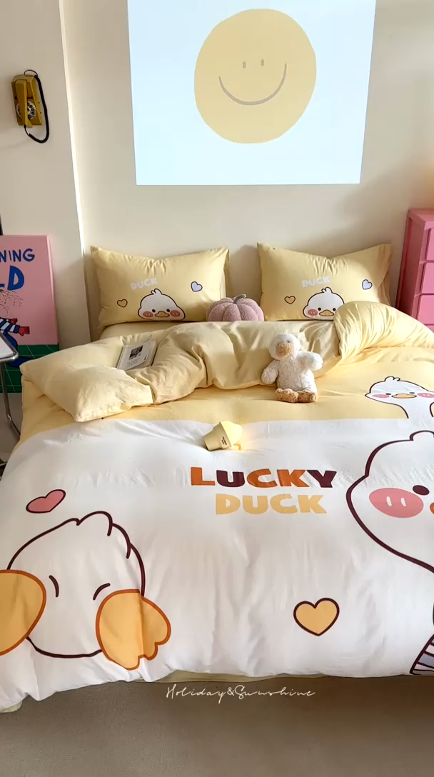 91家纺网 家纺一手货源 找家纺 馨语家居 2025新款全棉双层纱四件套 幸运鸭