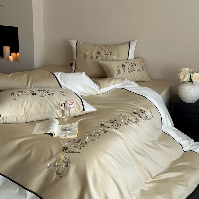 91家纺网 家纺一手货源 找家纺  鹿班家居 2025春夏款100S长绒棉刺绣四件套-山花秋色【标准会员-20元】 山花秋色-柠檬色