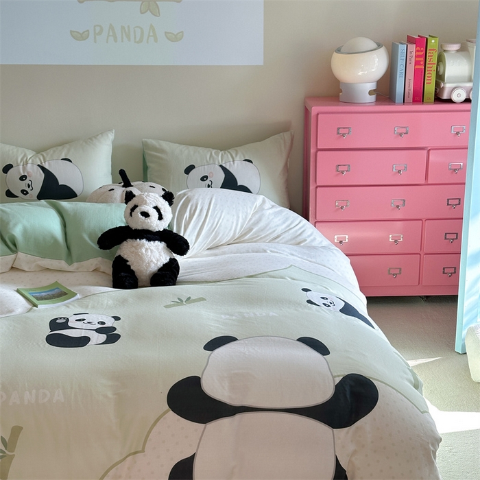 91家纺网 家纺一手货源 找家纺 馨语家居 2025新款全棉双层纱四件套 熊猫之家