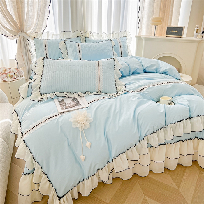 91家纺网 家纺一手货源 找家纺 虹星家纺 2025年新款全棉床盖三件套-花影倾梦 花影倾梦-天空蓝