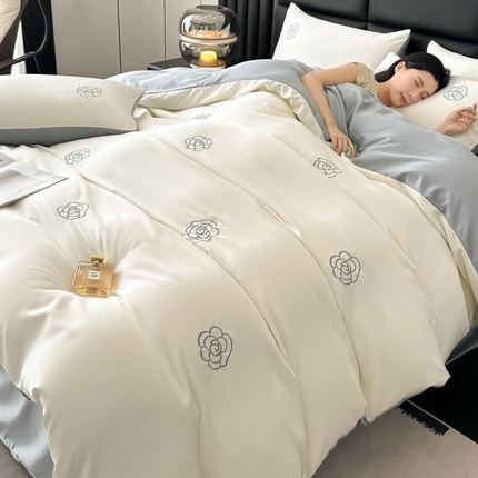 宇航家纺  2025新款绣花水洗真丝天丝四件套 山茶—浅灰