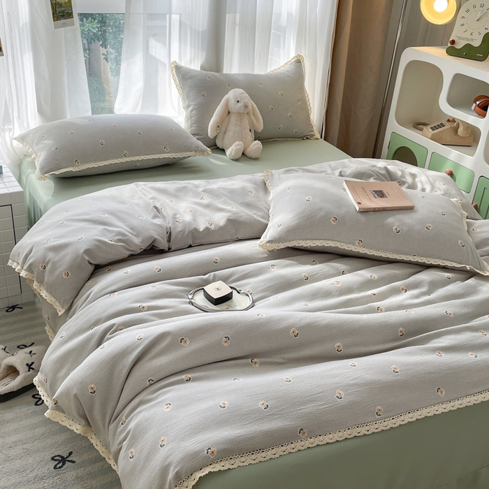 91家纺网 家纺一手货源 找家纺 仟网汇 2025新款韩版镂空花边针织双层纱四件套 婉约灰