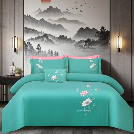 浩情国际婚庆供货中心 2026新款100支全棉高端刺绣中式风四件套--好运连连系列 好运连连-松石绿