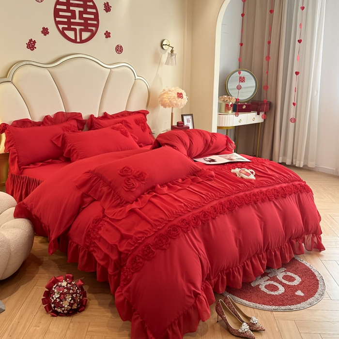 91家纺网 家纺一手货源 找家纺 富盛家纺2025新款婚庆亲肤棉磨毛刺绣四件套 喜庆—甜蜜蜜